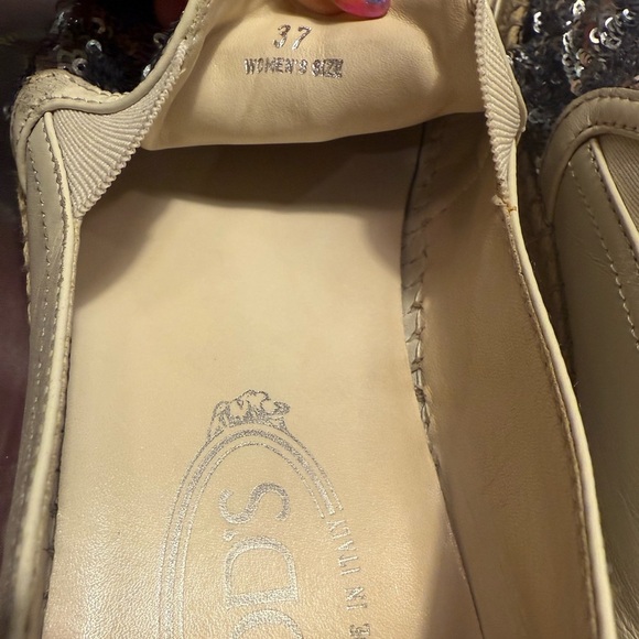 Tod's Cream Leather Silver Sequin Embellished Espadrille Loafers Size 37/7 - Picture 15 of 15